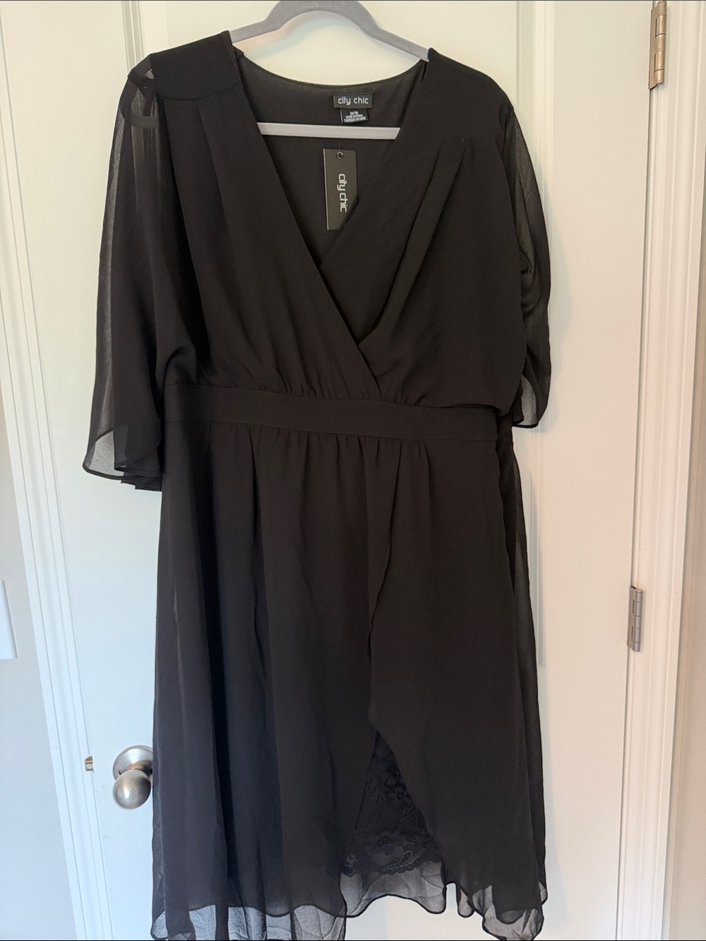 NWT City Chic Black Wrap-Front Below the Knee Dress with Sheer Sleeves